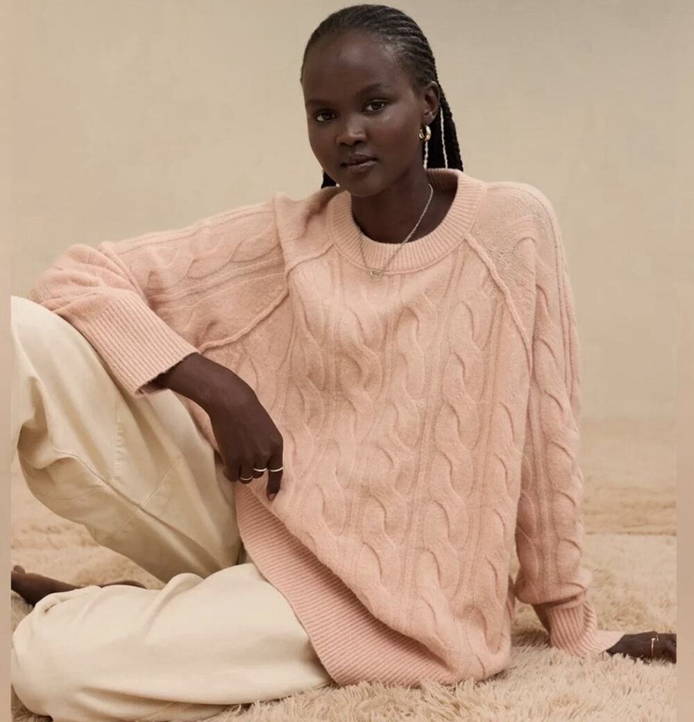 Aerie Dusty Pink unReal Cable Knit Crew Sweater S Cozy Oversized